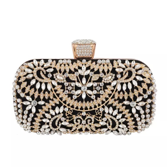 Don't AsK Handbags - Crystal & Black Damask Floral Clutch